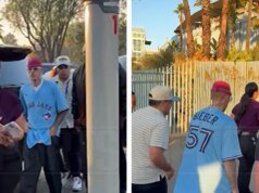 Justin Bieber llega al Juego 3 de la Serie Mundial con ropa de los Azulejos