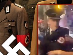 Simpatizante nazi con uniforme de la Gestapo golpea a una mujer con una jarra de cerveza en un vídeo.