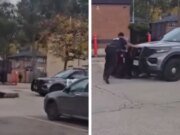 En el vídeo, el coche de policía atropella a los sospechosos cuando el agente se olvida de aparcar