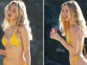 Kimberly Garner se desnuda en un diminuto traje de baño en una playa caribeña