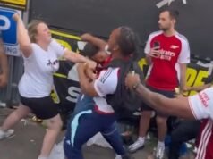 Estalla una pelea con fanáticos masculinos que golpean a mujeres en el desfile del Arsenal; seis fueron apuñalados y arrestados por la policía por delitos relacionados con el alcohol, las drogas y el sexo después de la derrota de la Liga de Campeones.